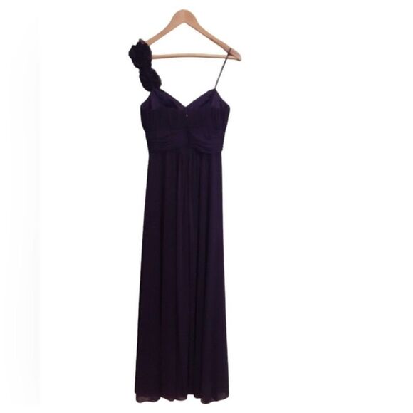 Cache Size 6 Flower Shoulder Long Formal Gown Dark Plum Purple Bridesmaid Gala - Picture 4 of 10